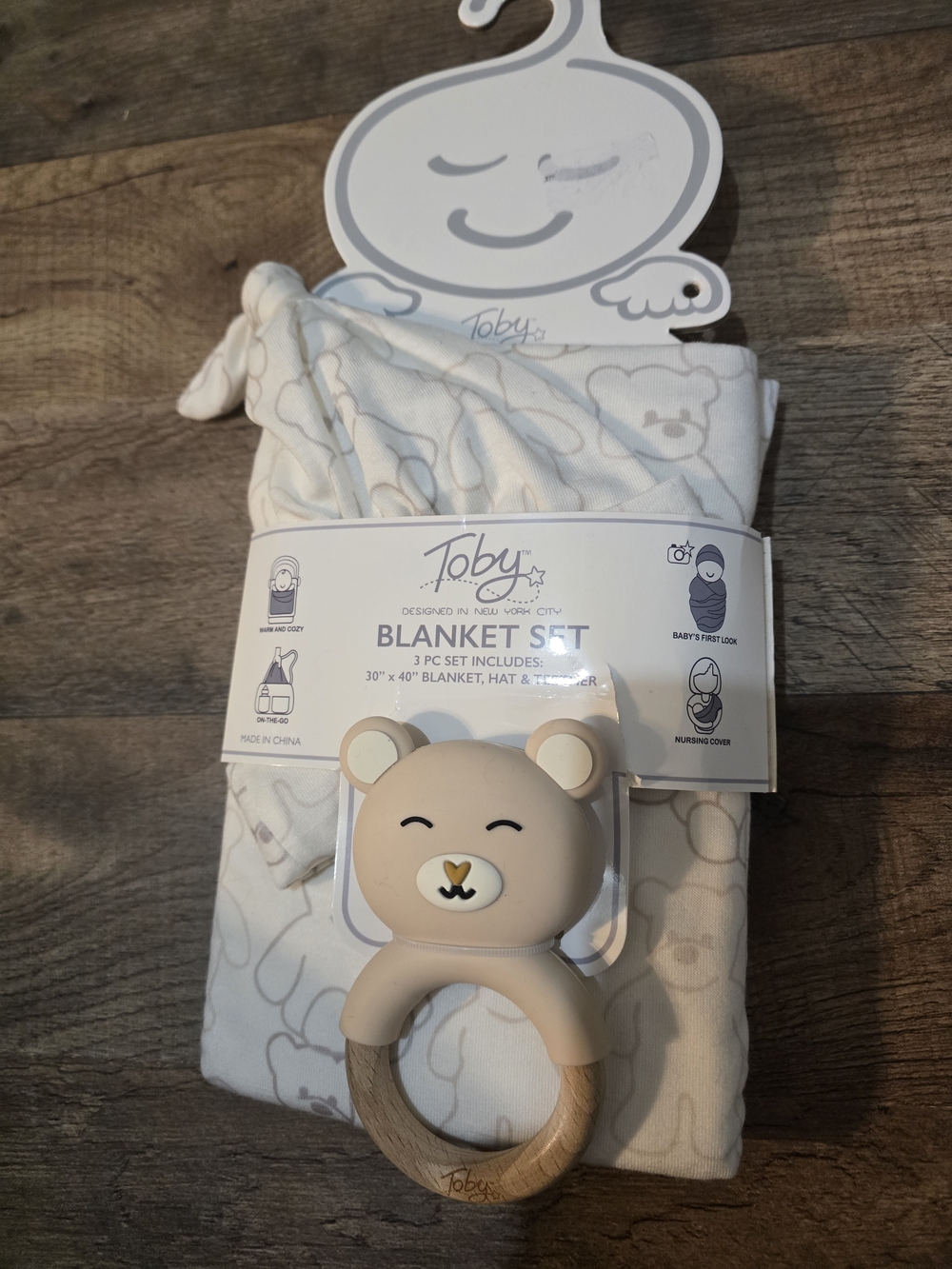 Toby White Bear Baby Blanket Set with Teether Ring